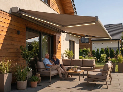 Electric retractable awning shading a patio lounge in the afternoon sun