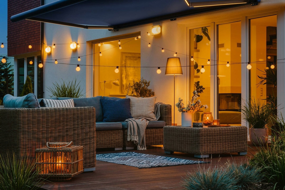Awning with integrated LED lighting at dusk