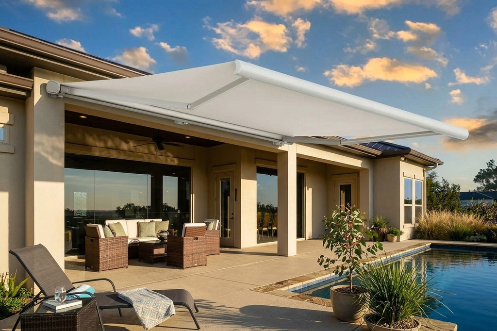 Awning shading a poolside patio